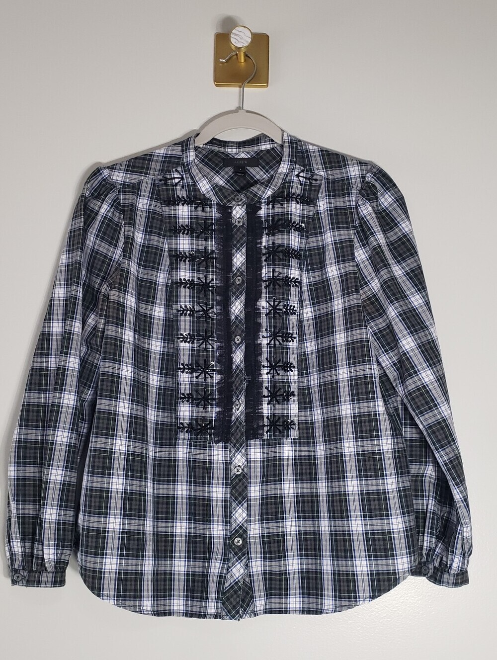 J. Crew Embellished Plaid Button Up Shirt Women Small Black Blue Western Rodeo
